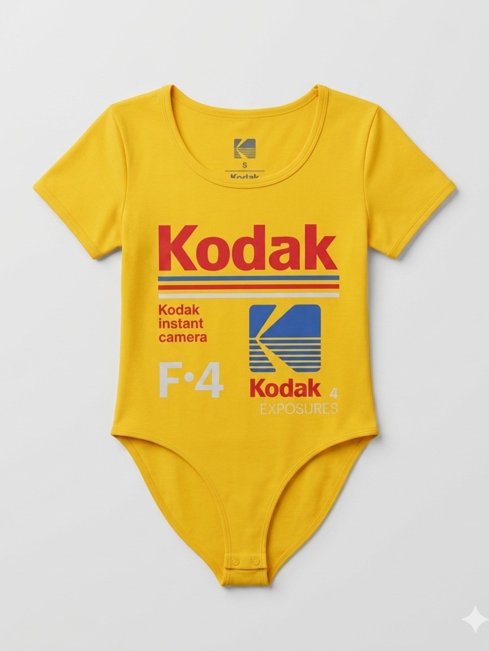 Retro Kodak Graphic Bodysuit Yellow Neon Tech Camera Top - Small